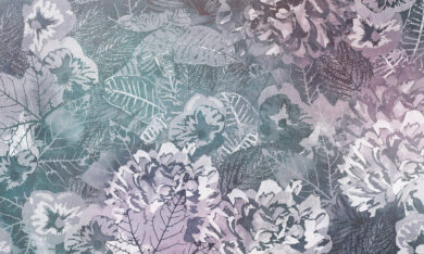 Tapeta w geometryczne liście i kwiaty, wersja kolorystyczma błękitno różowa